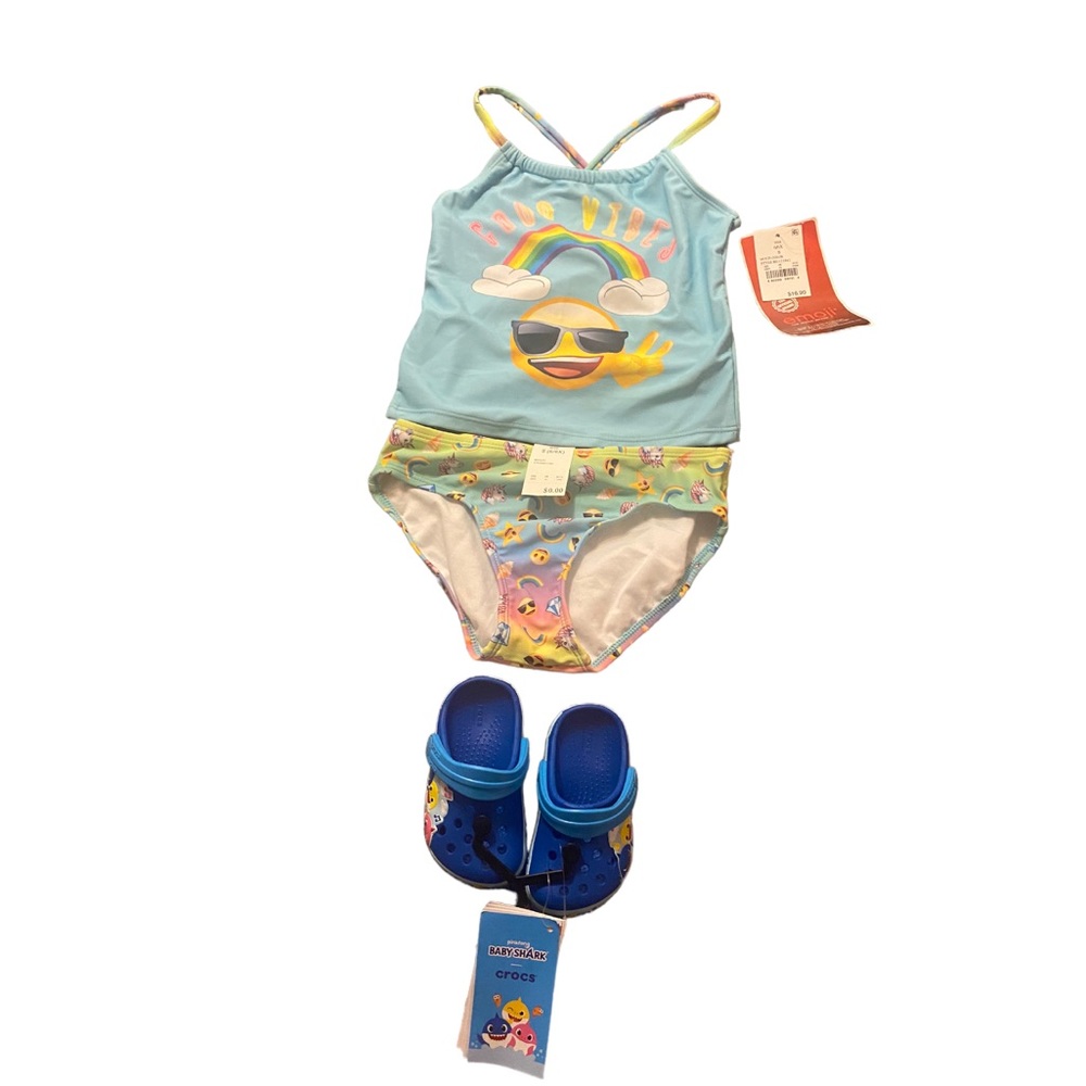 Crocs with Swim Suit Bundle, C4 crocs and size small bathing suits, NWT $40